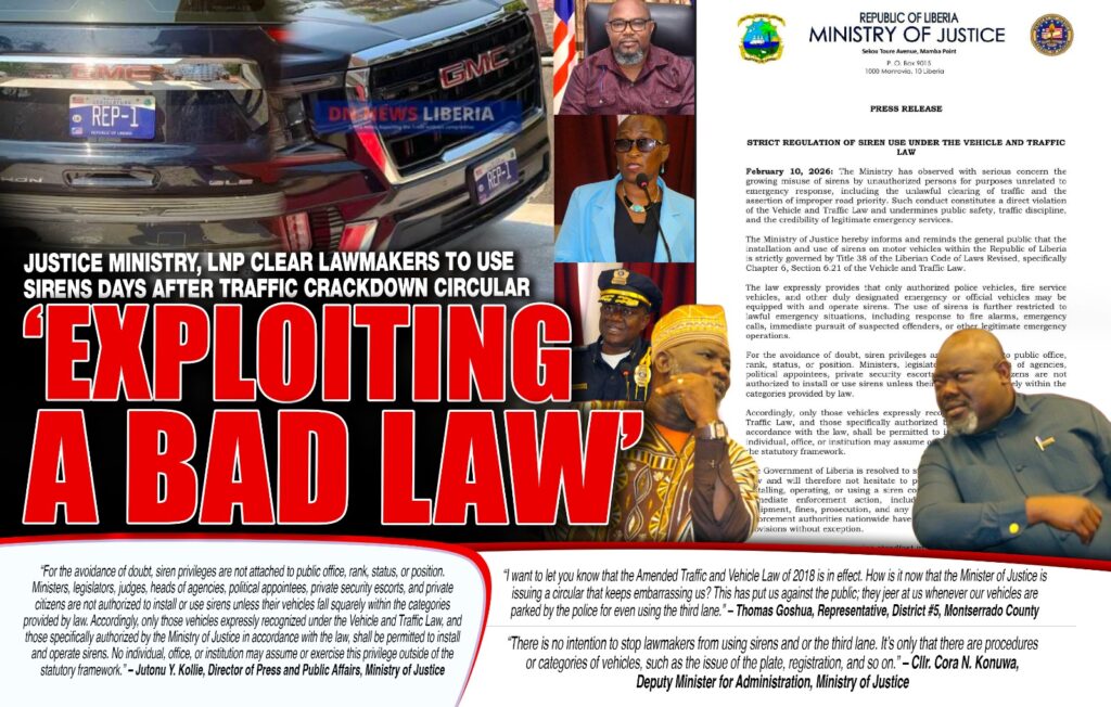 Liberia: Justice Ministry, LNP Clear Lawmakers to Use Sirens Days After Traffic Crackdown Circular